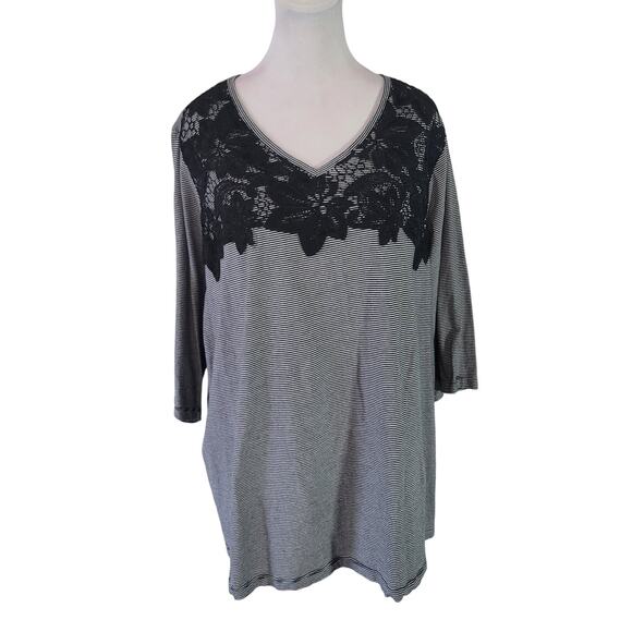 Catherines Size 3x WP Lace Floral Black White Striped Casual Tee Basics Feminine - Picture 1 of 10